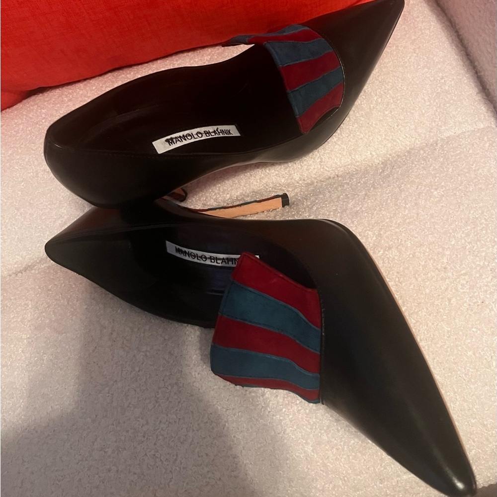 Manolo Blahnik Black Heels with Red and Blue Stripes - Picture 3 of 15